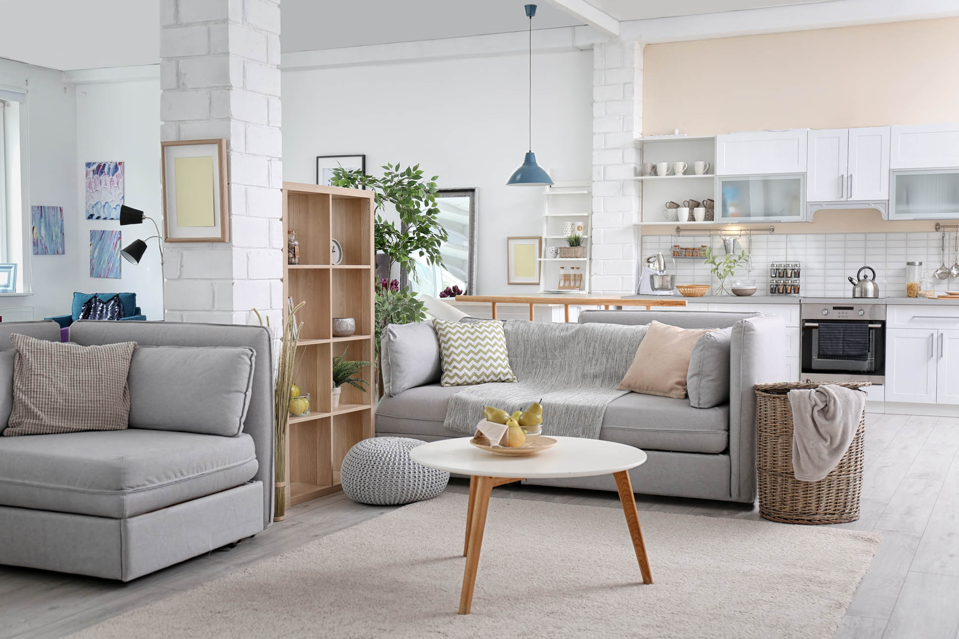 Stylish apartment interior with modern kitchen. Idea for home de